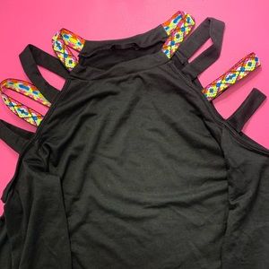 black t shirt with multiple strings in the shoulde